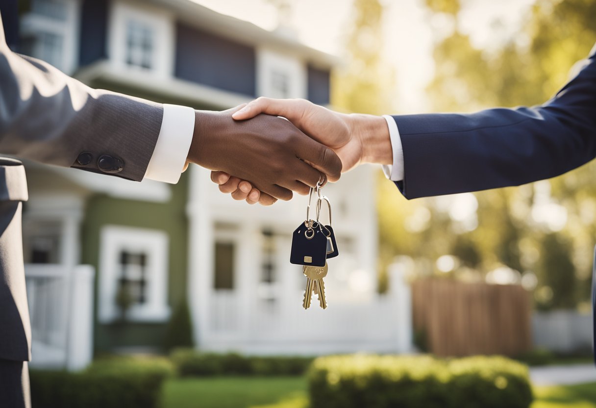 A real estate agent handing over a set of keys to a new homeowner in front of a sold sign