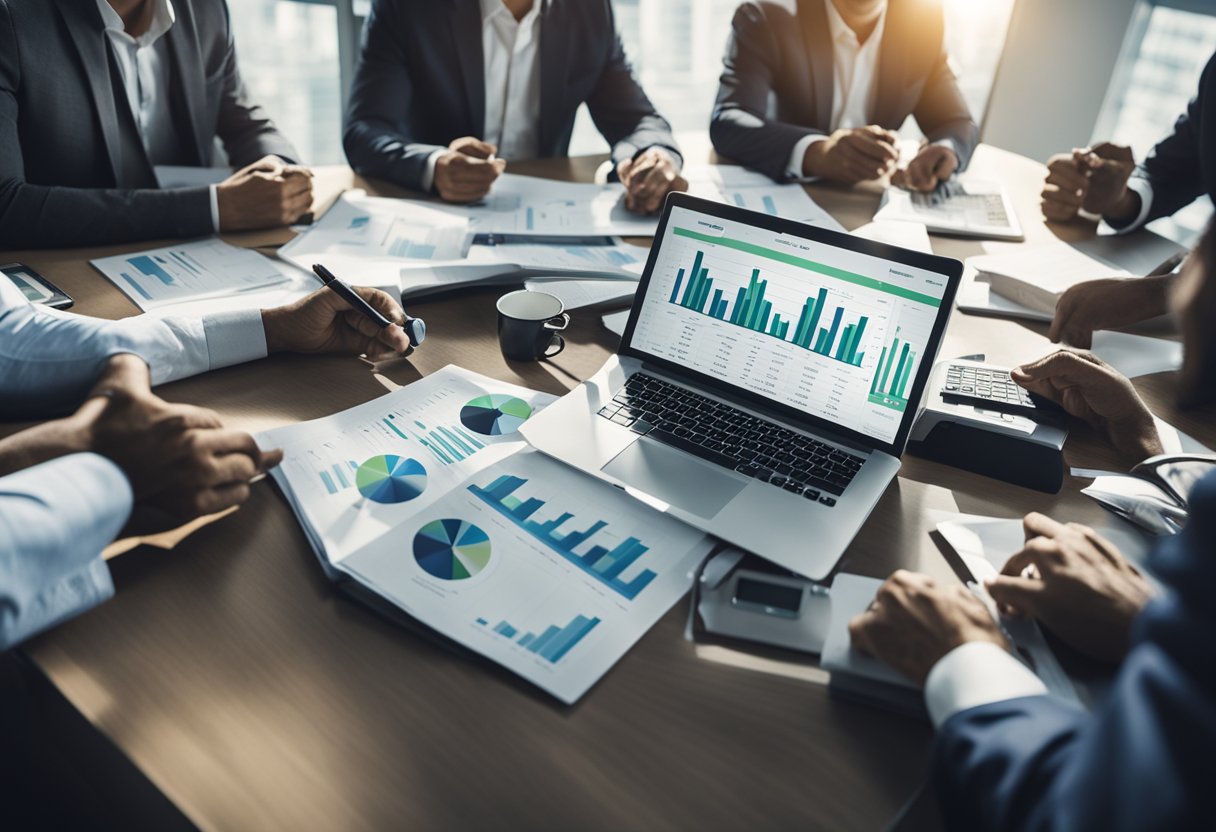 A group of investors weighing the risks of hard money lending, with charts and graphs spread out on a table