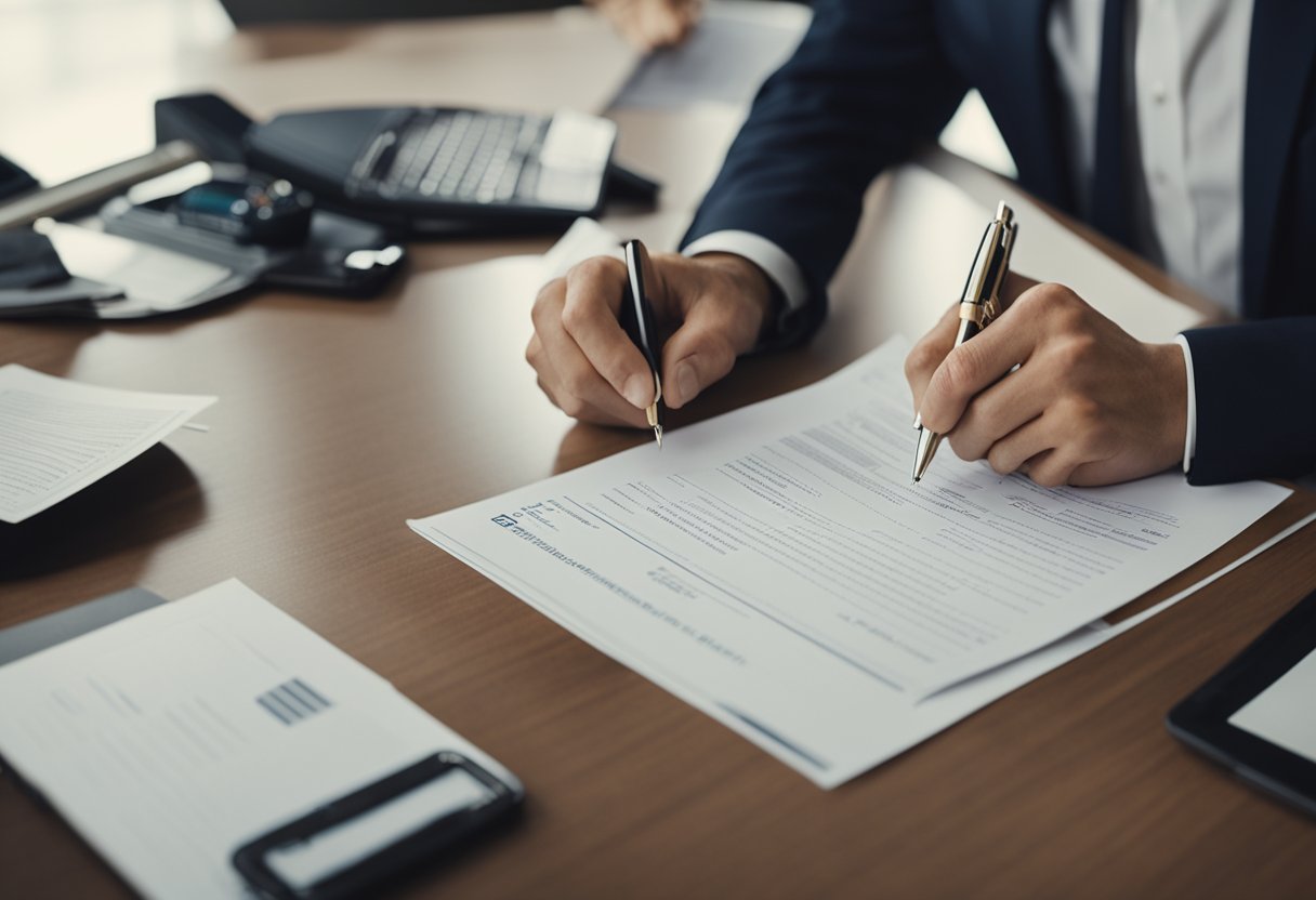 A person signing a contract with a stack of real estate notes on a desk, while another person hands over a briefcase full of cash