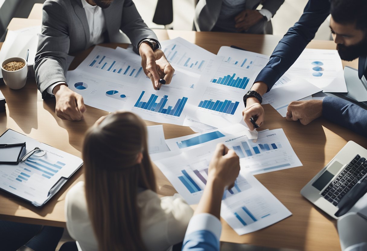 A group of potential borrowers discussing real estate investments with a private money lender, reviewing financial documents and property information