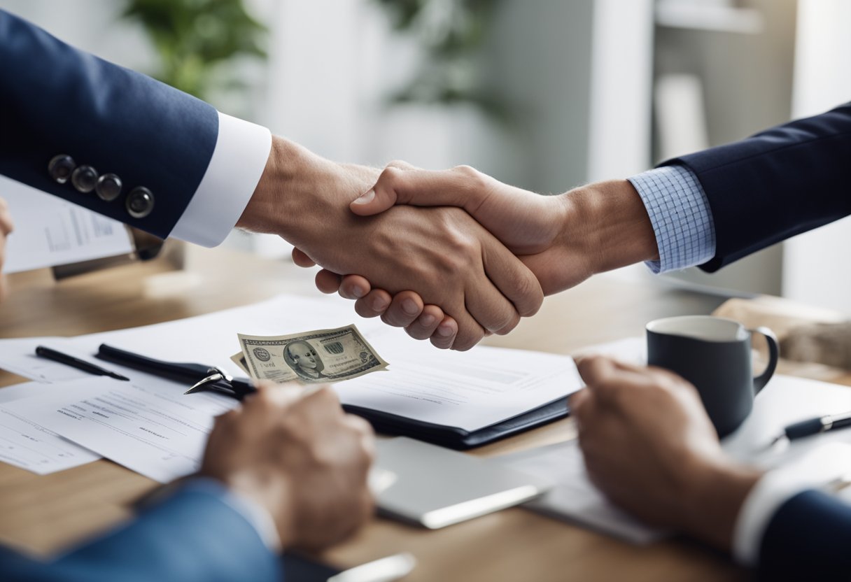 A smiling buyer hands over a real estate note to a seller, with a handshake and keys in the background