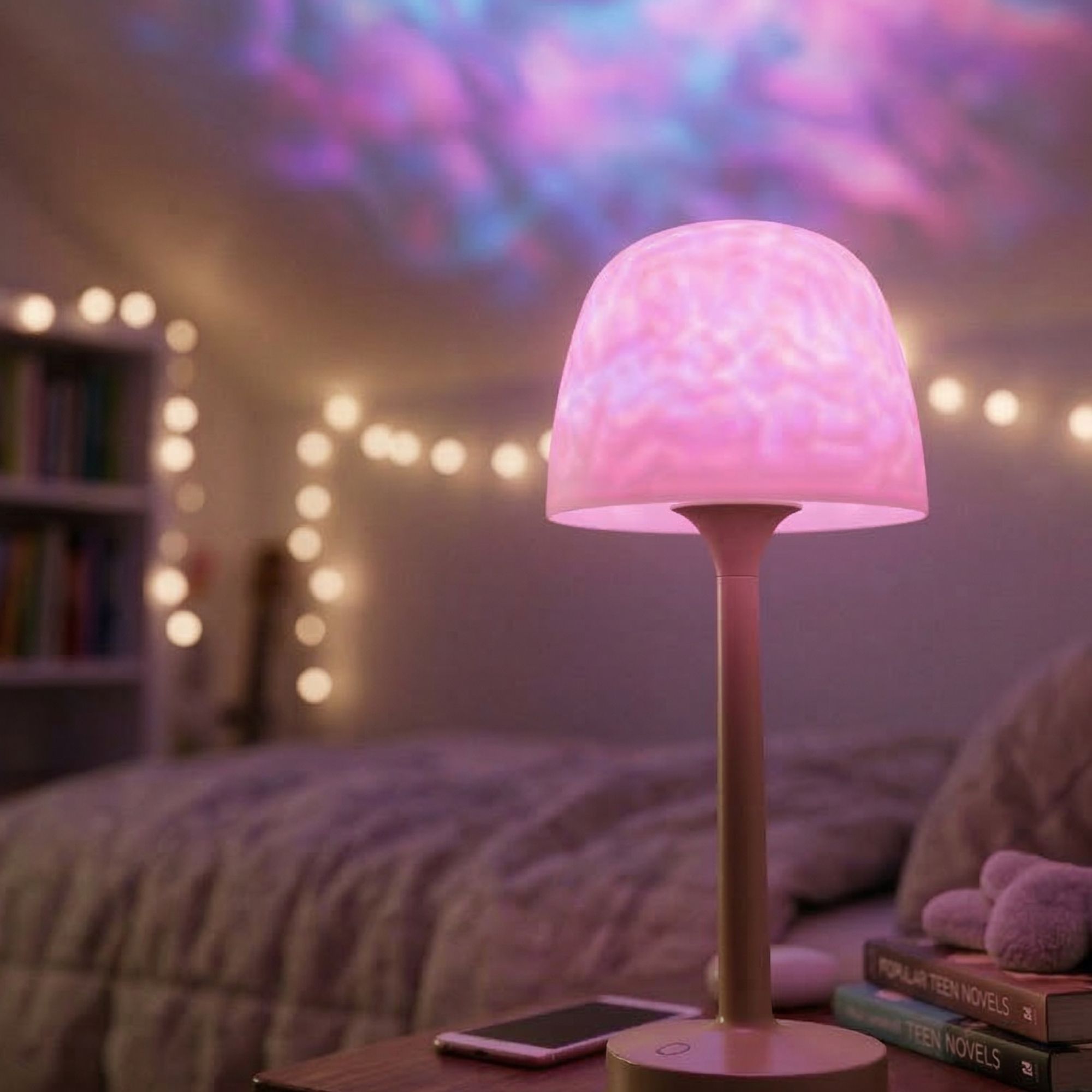 Warm cordless mood lamp glowing in a cozy, string-lit bedroom