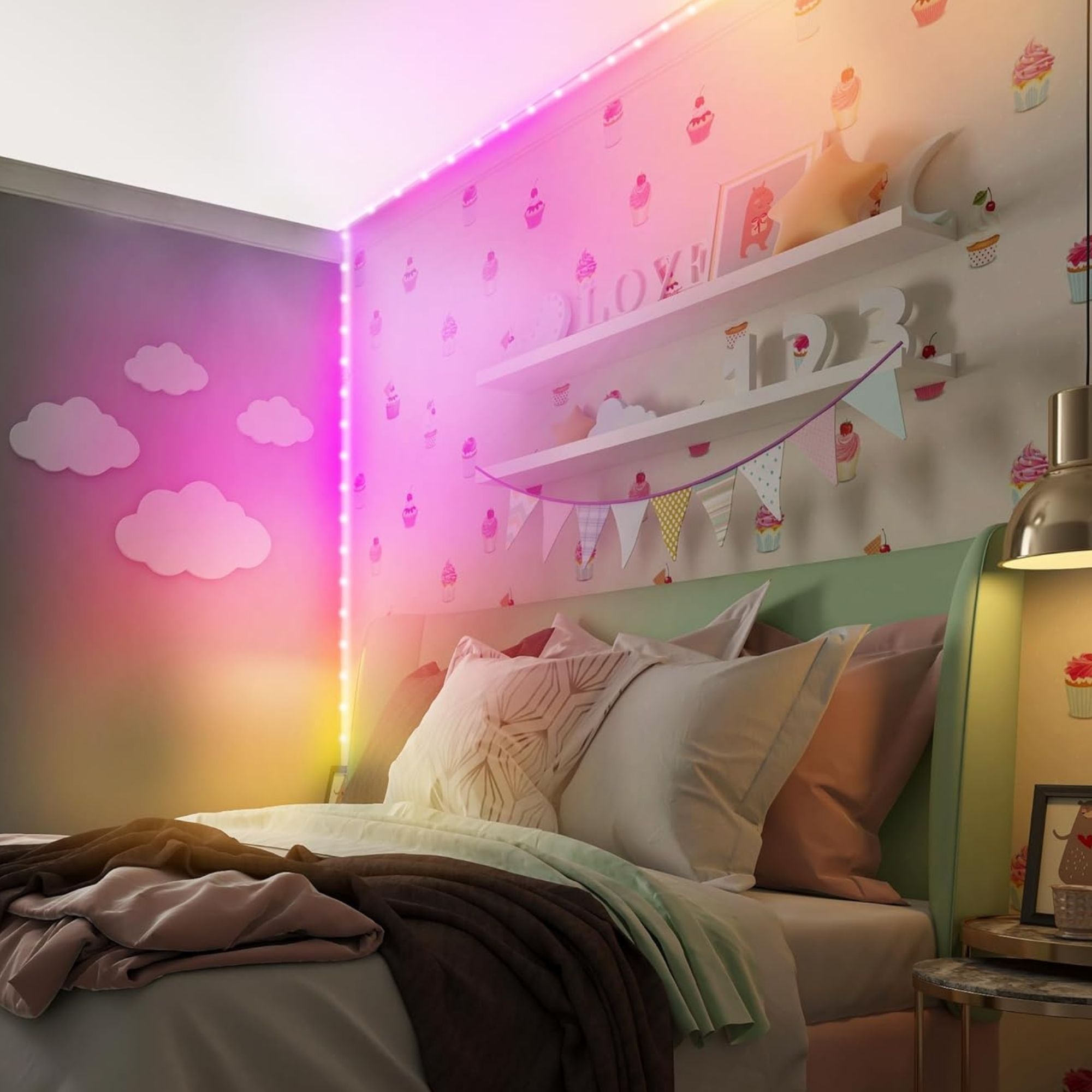 LED strip lighting washing a bedroom wall in color