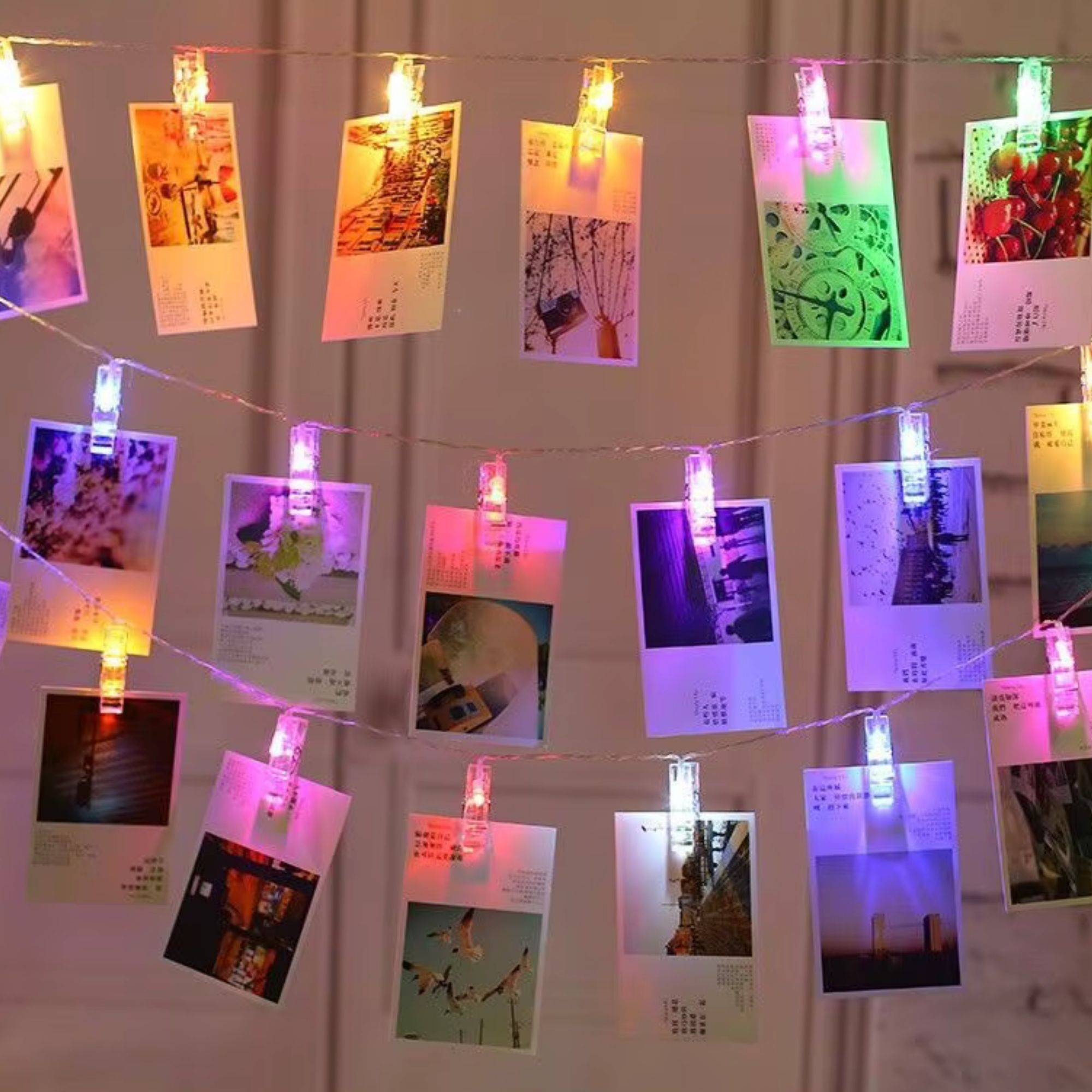 Curtain and fairy lights glowing warmly behind sheer drapes