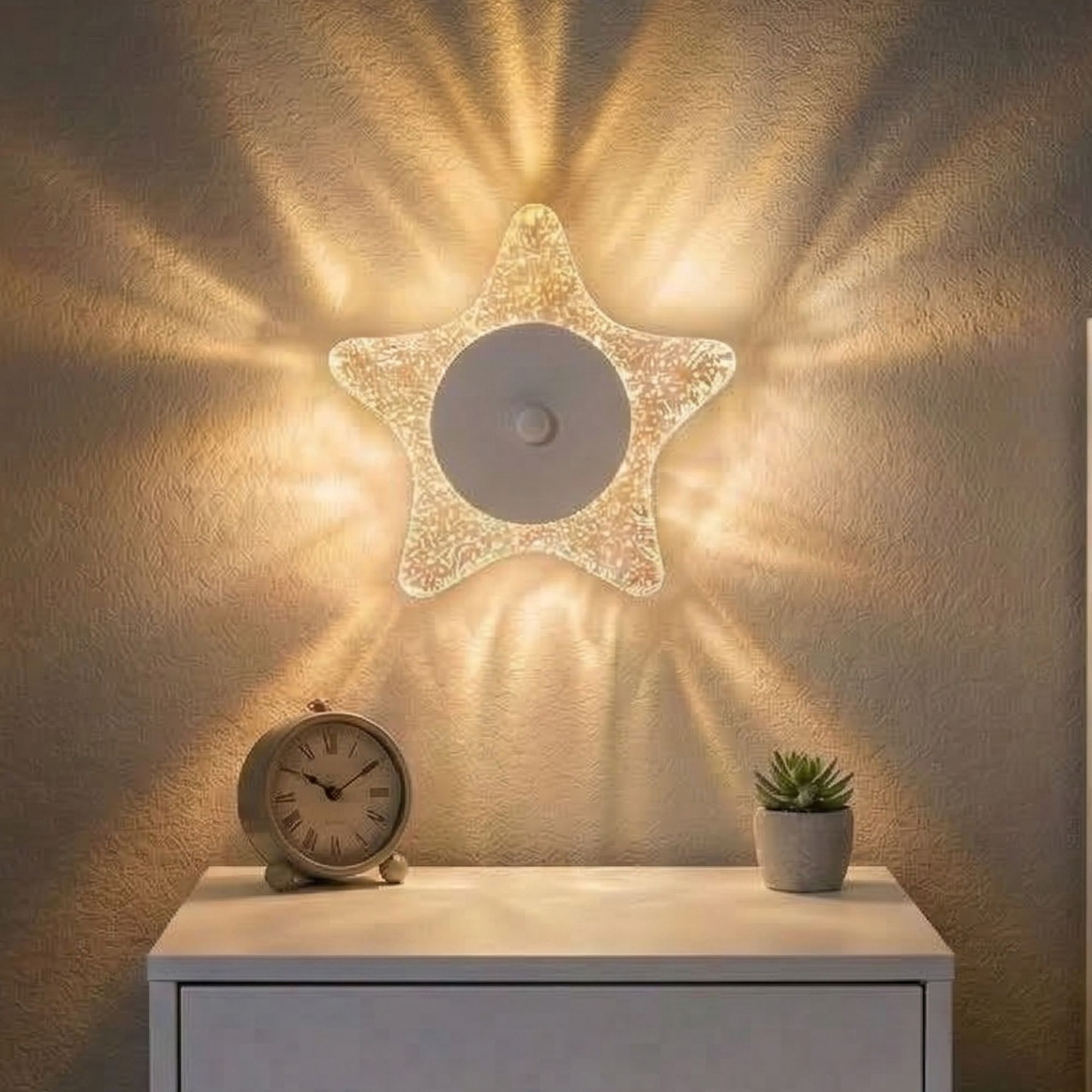 Sculptural star wall light casting soft rays