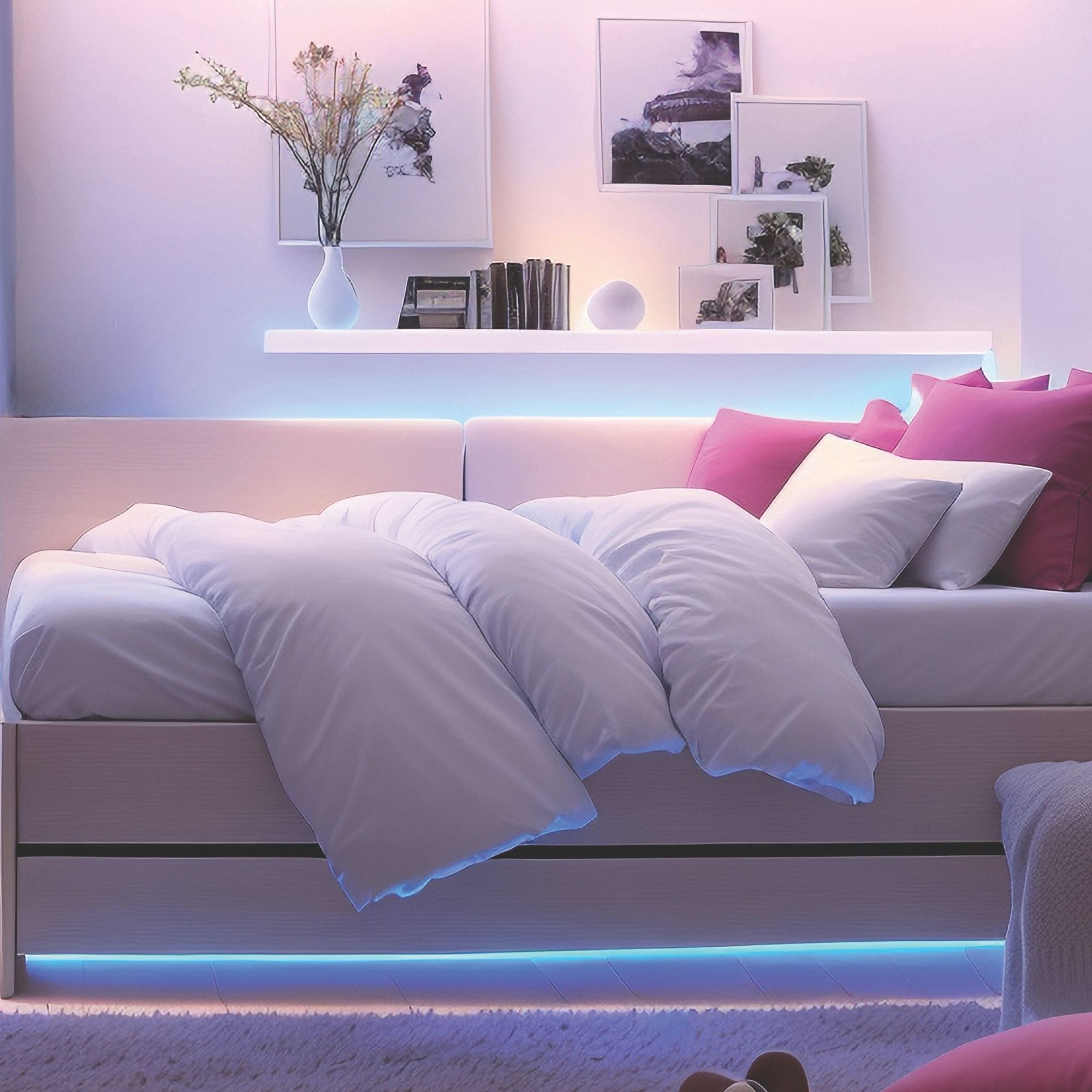 Color-changing LED strip lighting along a bedroom wall