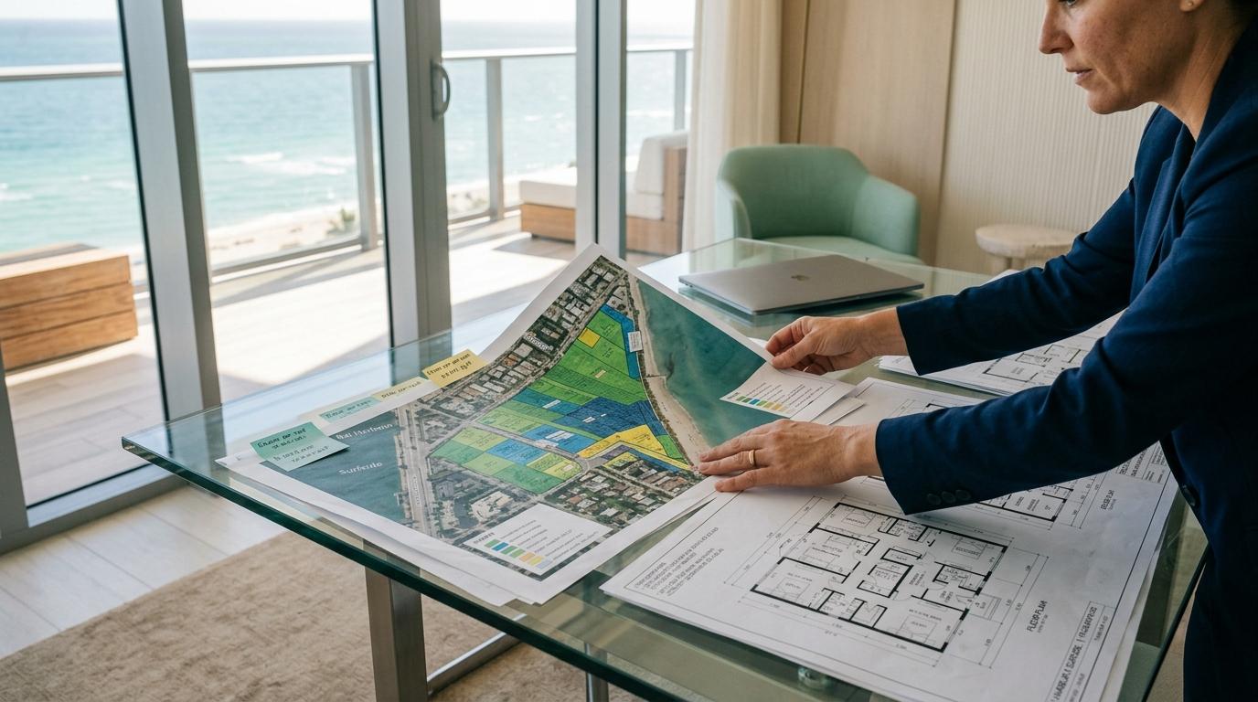 Hands reviewing a land plot map and architectural plans on a glass table with ocean view.