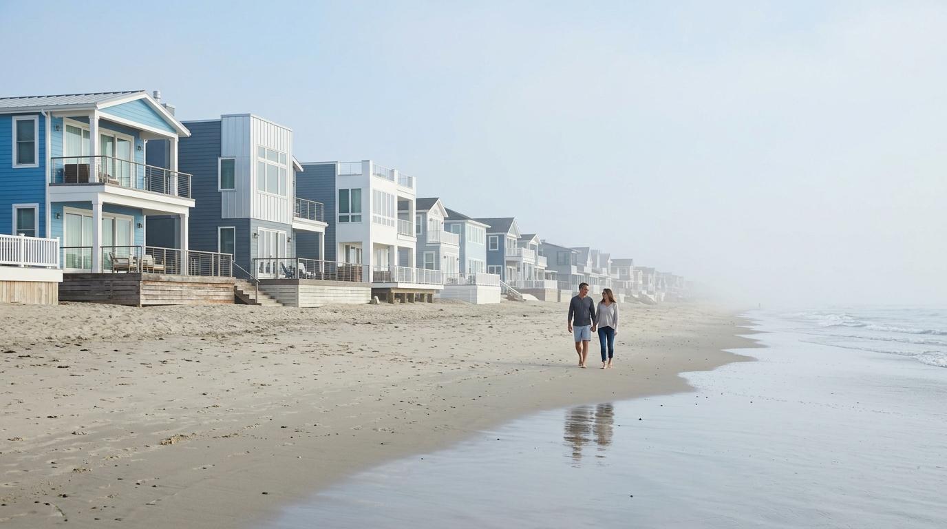 A couple walks on a sandy beach past a row of oceanfront houses.