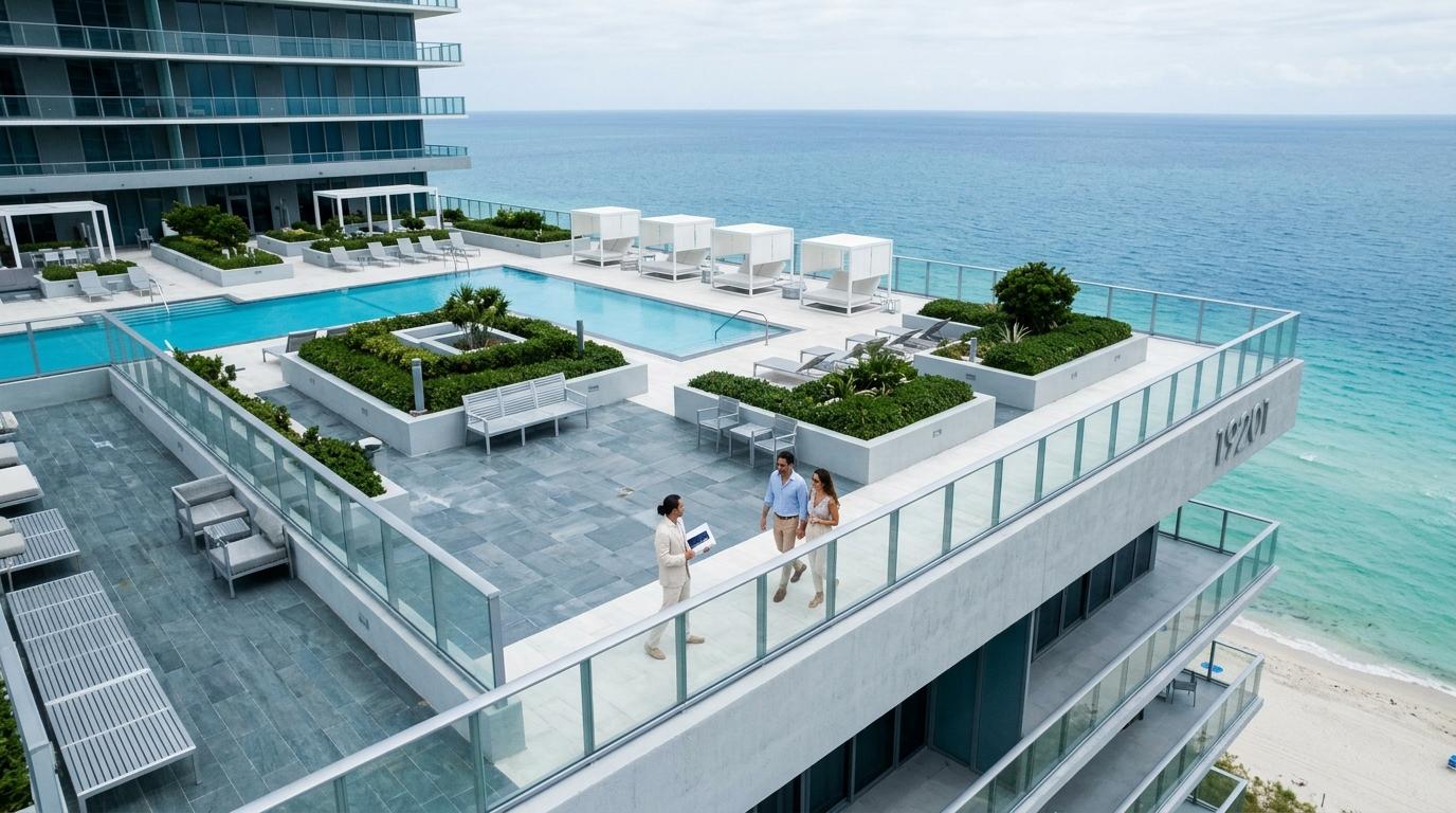 Agent talks to a couple on a high-rise rooftop pool deck overlooking the ocean.