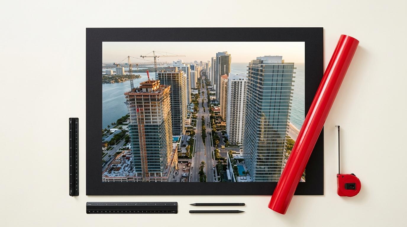 Matted print of a city skyline with buildings and cranes, surrounded by rulers, pencils, and a tape measure.