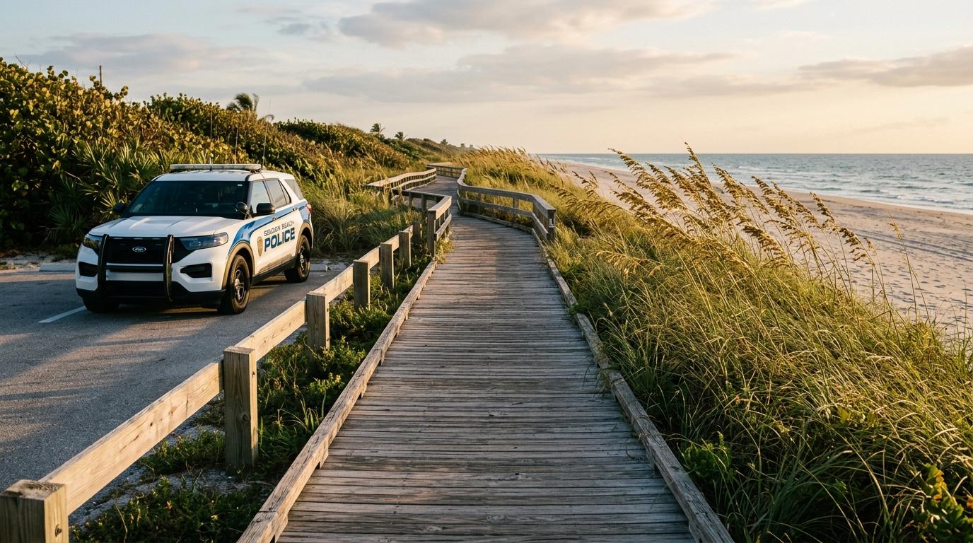 White Golden Beach Police SUV parked beside a wooden boardwalk leading to a sandy beach and ocean.