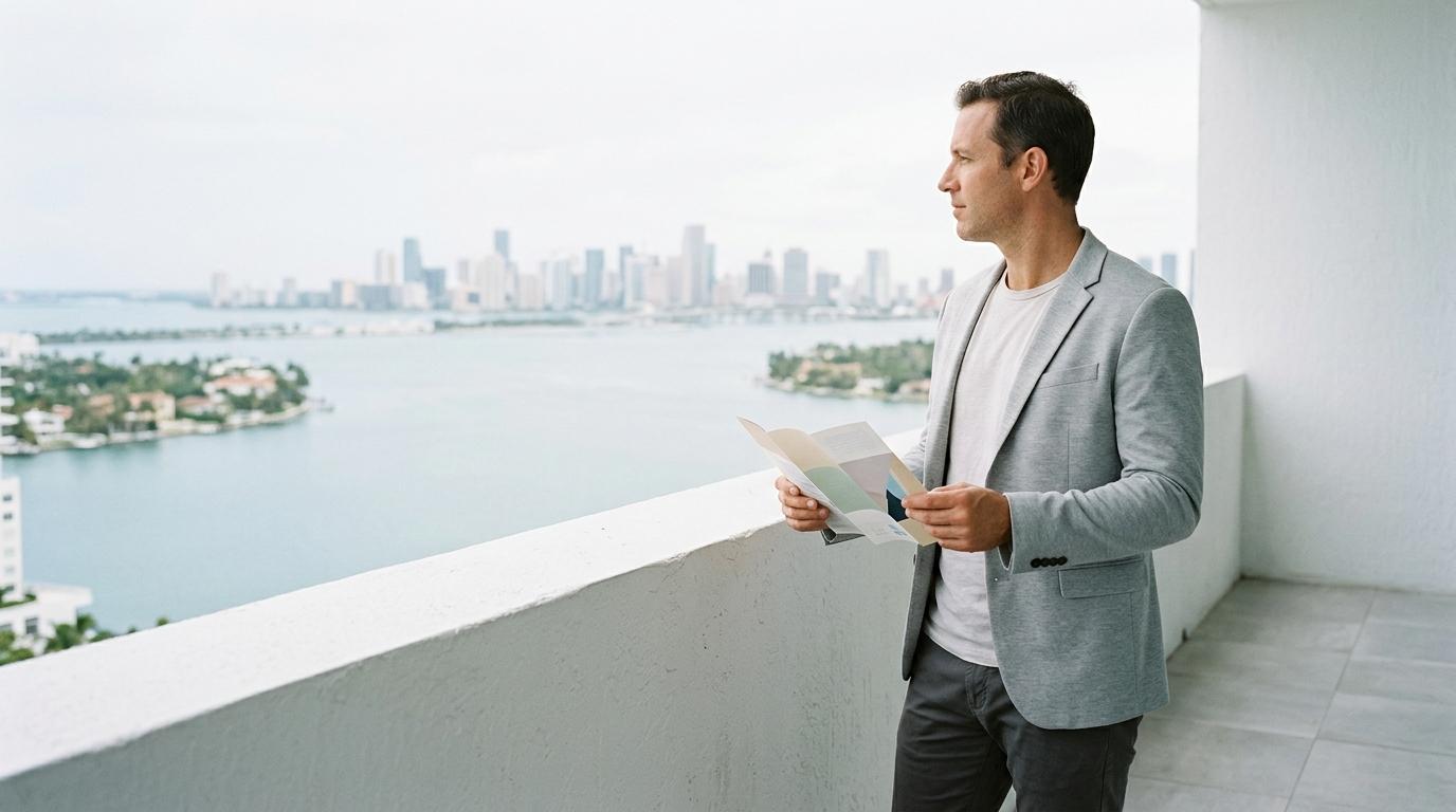 Man on a balcony overlooking Miami skyline and bay, holding an open brochure.