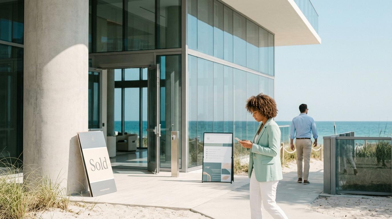 Woman on phone walks past a "Sold" sign and glass building, man walks toward ocean.