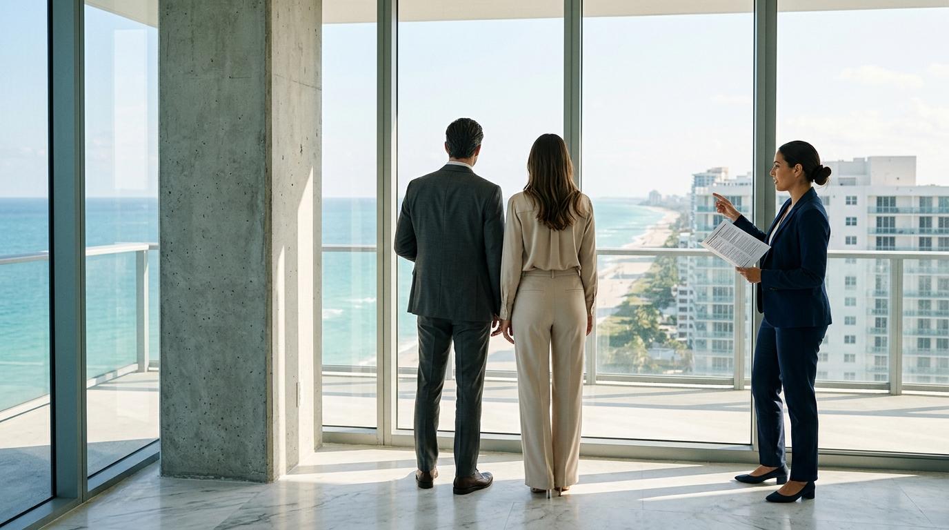 A man and woman face an ocean view, while a woman in a suit points to coastal buildings.