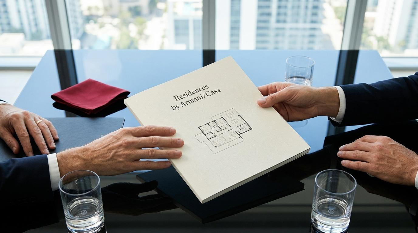 Hands exchange a "Residences by Armani/Casa" book with a floor plan on a table with a red napkin.