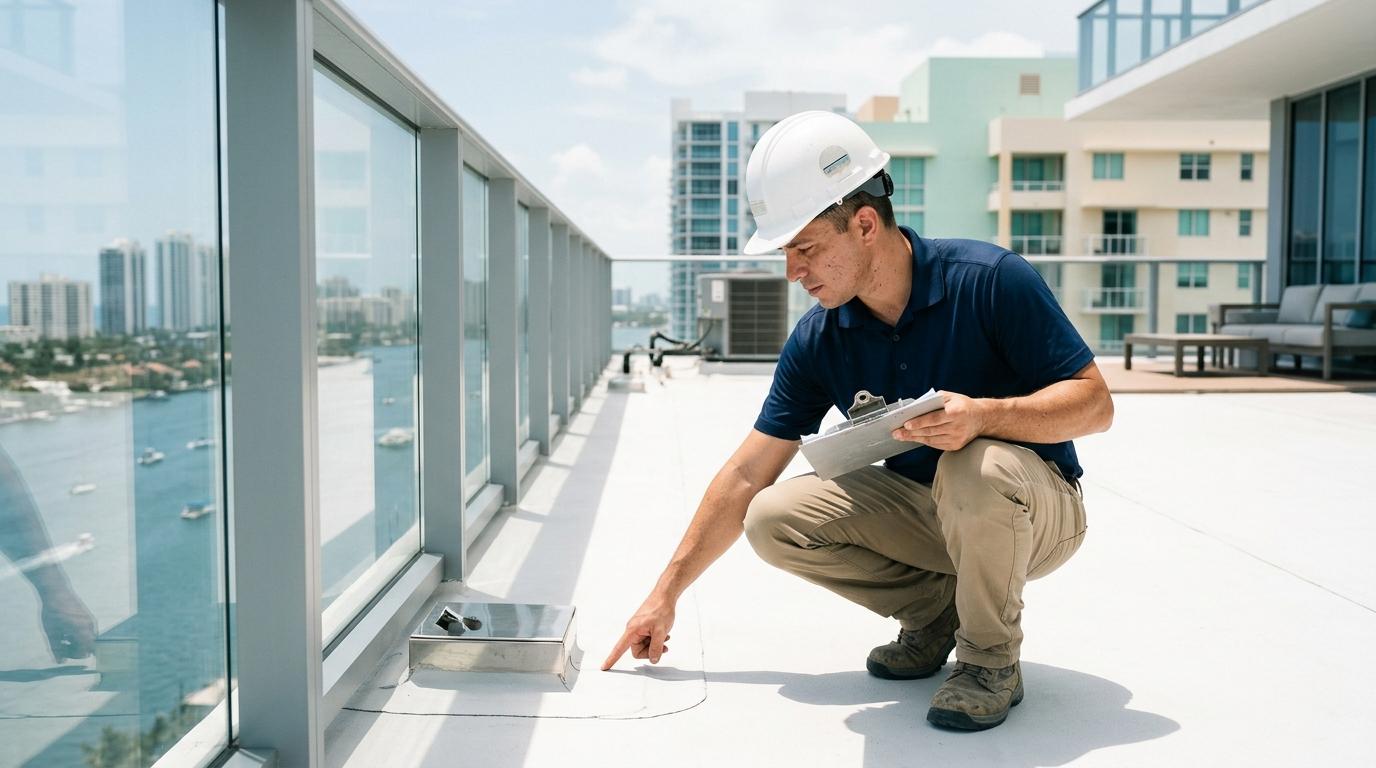 Man in hard hat points to equipment on a high-rise rooftop, holding a clipboard.