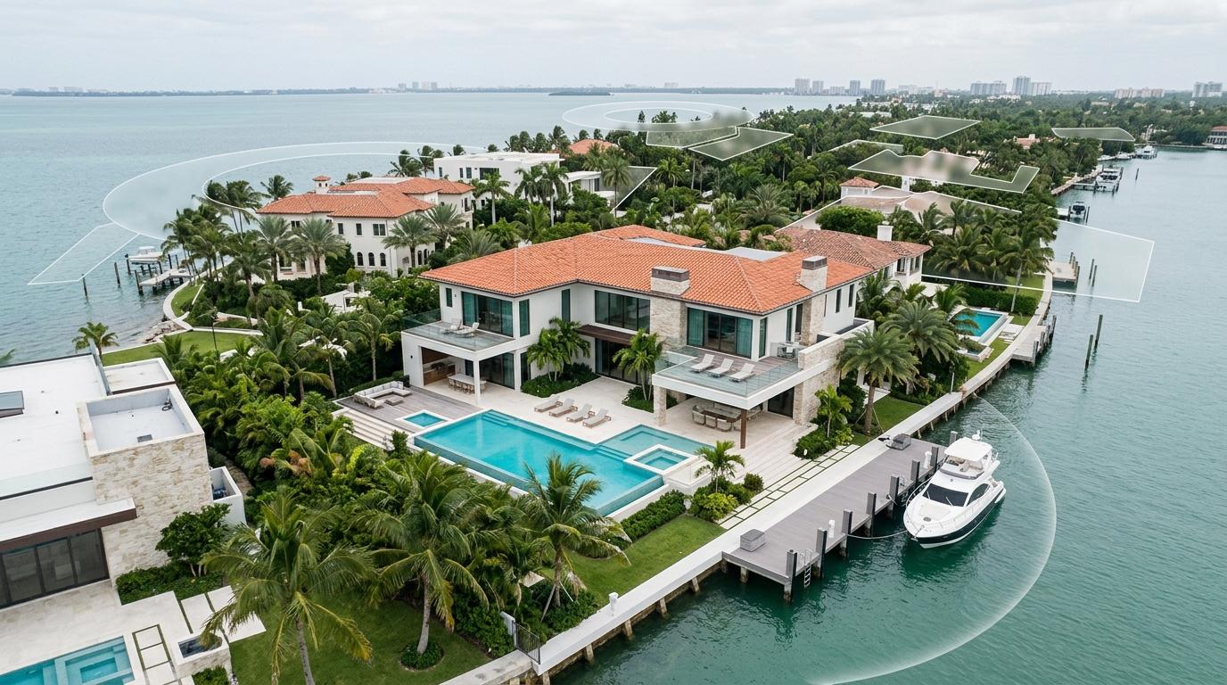 Large white waterfront house with red tile roof, pool, and docked white yacht.