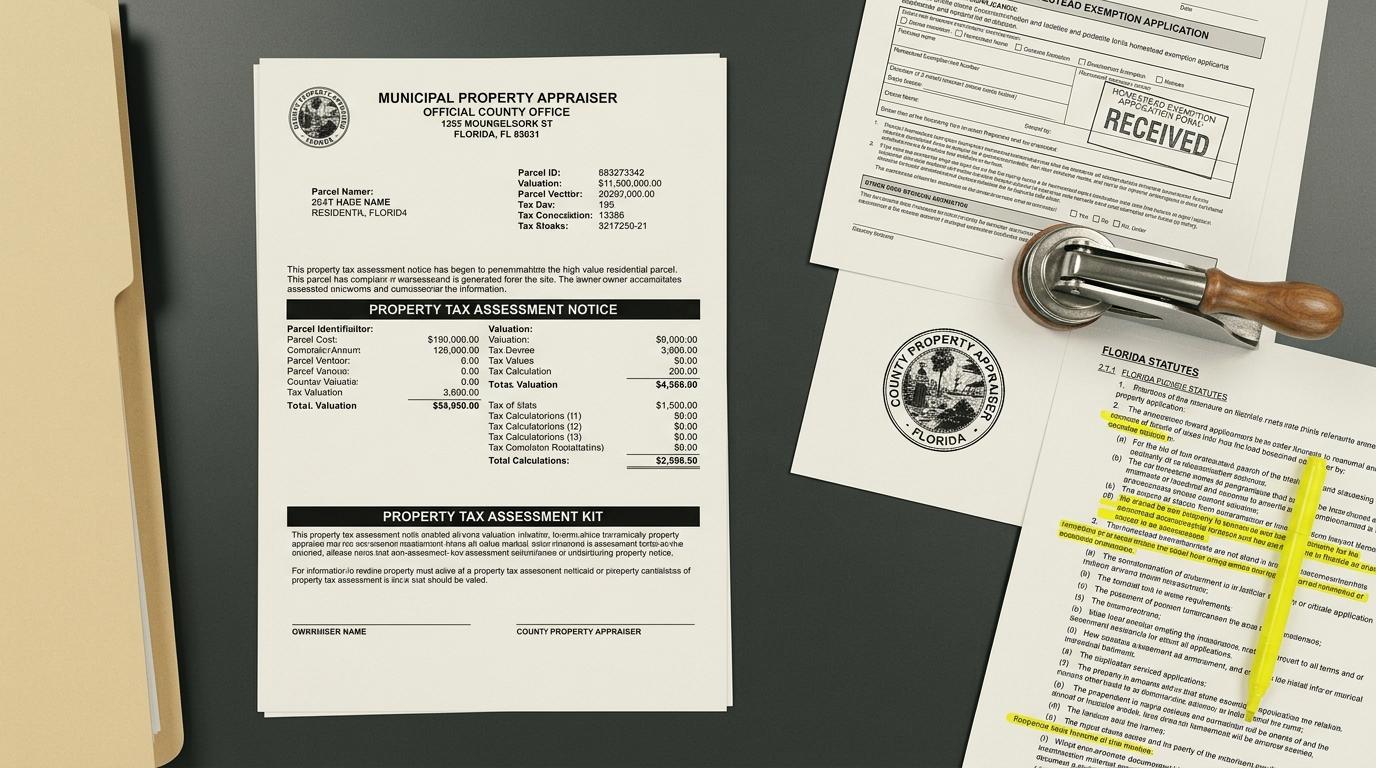 Various property tax and homestead exemption documents, a stamp, and a highlighter on a dark desk.