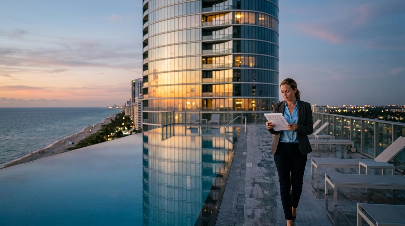 Woman in business suit reads a tablet on a rooftop pool deck overlooking the ocean at sunset.