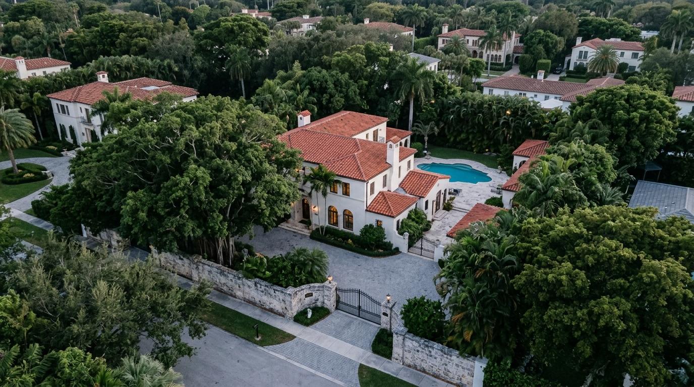 Large white house with red tile roof, swimming pool, and gated driveway, surrounded by lush green trees.