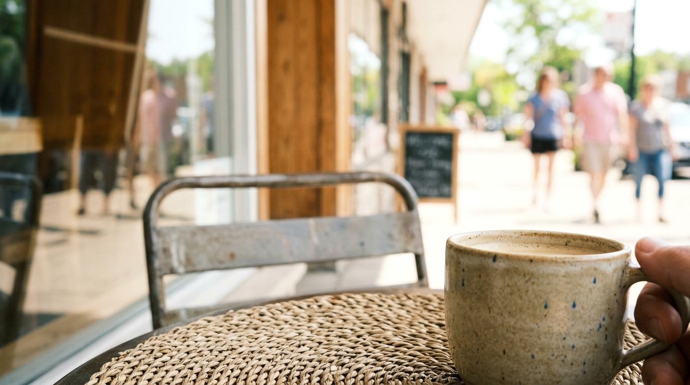 Hand holding a coffee mug on a woven placemat at an outdoor cafe table, with blurry street scene.