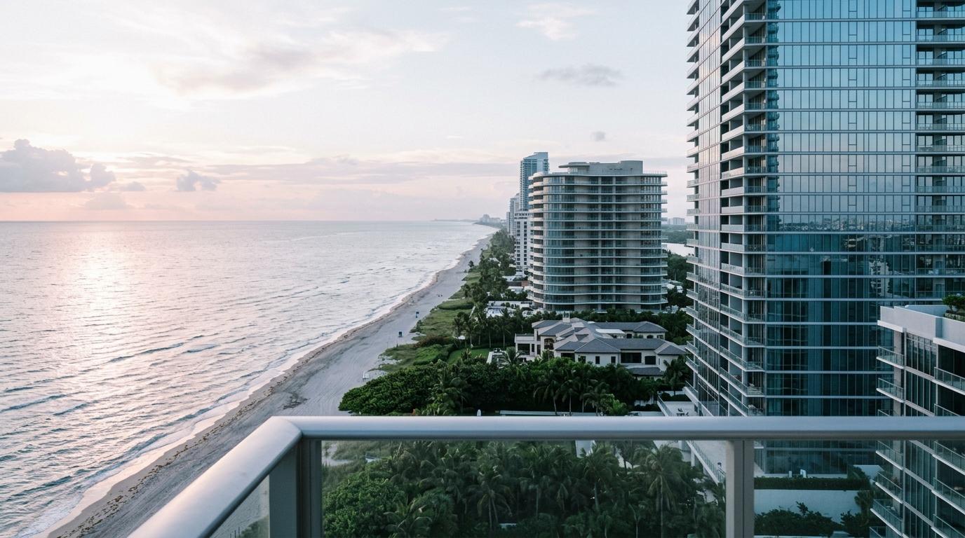 Coastal view from a balcony overlooking a beach, ocean, and many high-rise residential buildings.