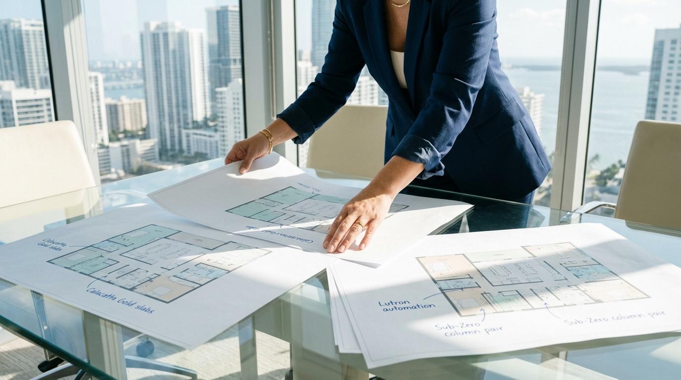 Hands arrange architectural floor plans detailing bespoke finishes on a glass table with a city view.