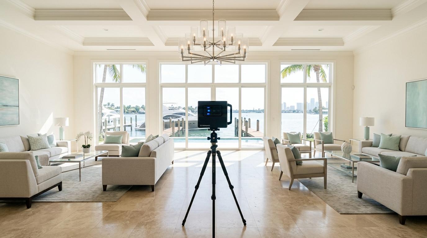 Black 3D scanner on tripod in a bright living room with waterfront view, yachts, and city skyline.