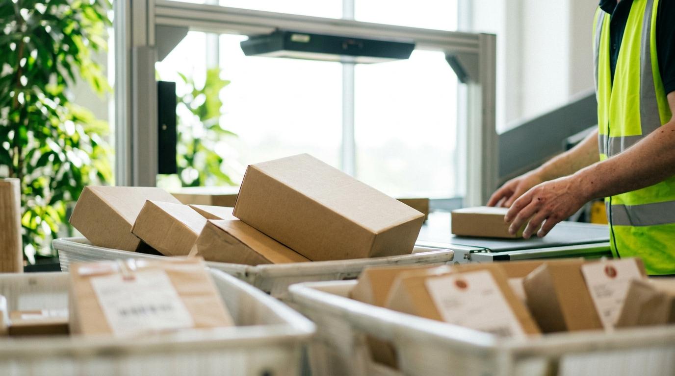 Worker in high-vis vest placing a cardboard box on a conveyor belt, with more boxes in bins.