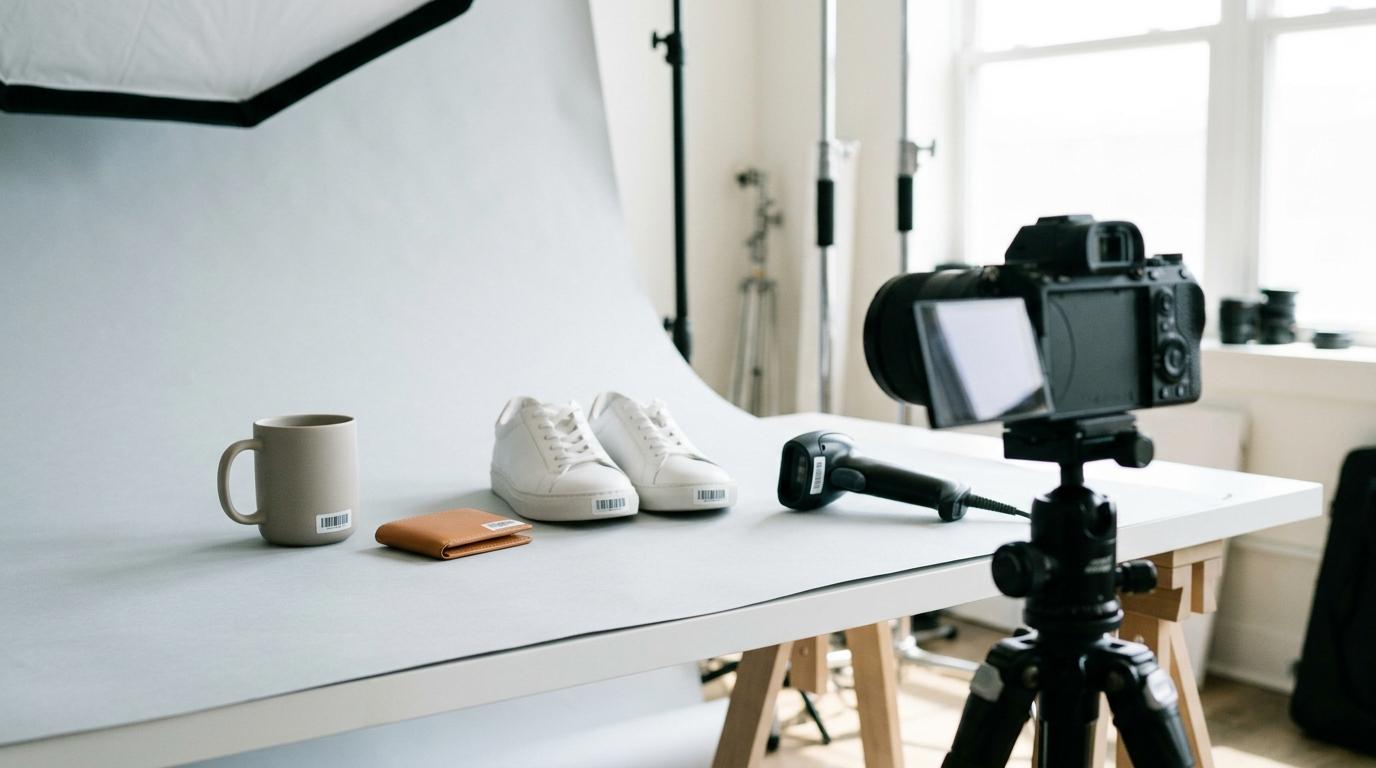 Mug, wallet, white sneakers with barcodes, barcode scanner, and camera set up for a product photoshoot.
