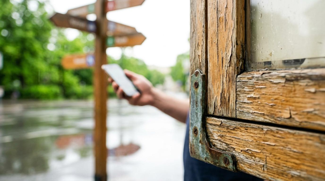 Peeling wooden frame with glass, hand holding phone, blurry signpost and wet street in background.