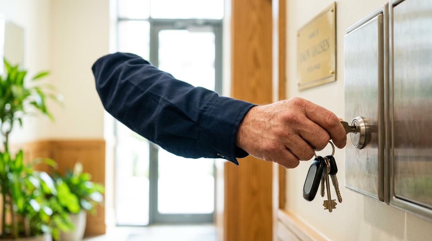 Person's hand inserts a key into a lock on a wall-mounted panel, holding a keyring.