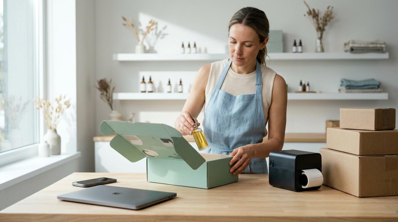 Woman in apron placing a yellow liquid bottle into a light green shipping box on a wooden table.