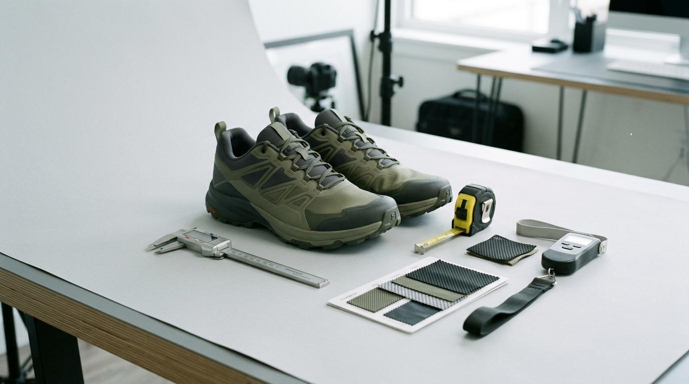 Green hiking shoes, caliper, tape measure, fabric swatches, and digital scale on a table.