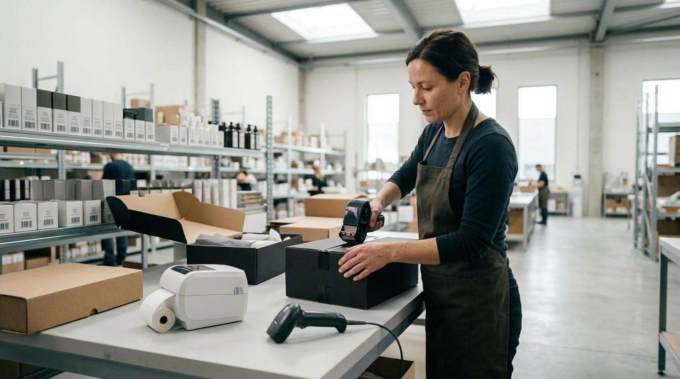 Woman in apron taping a black box on a table with a label printer and scanner in a warehouse.