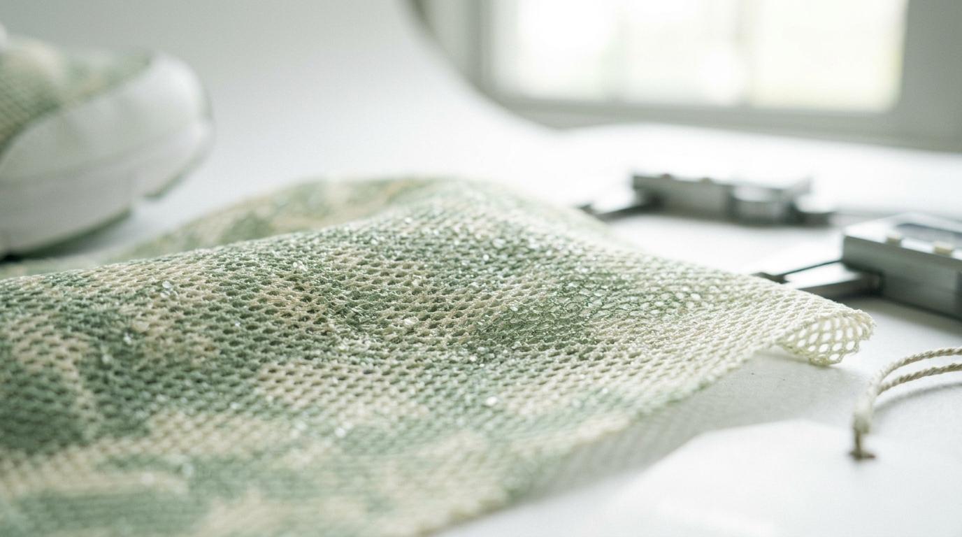 Close-up of green and beige mesh fabric with water droplets, a blurry shoe and tools in background.