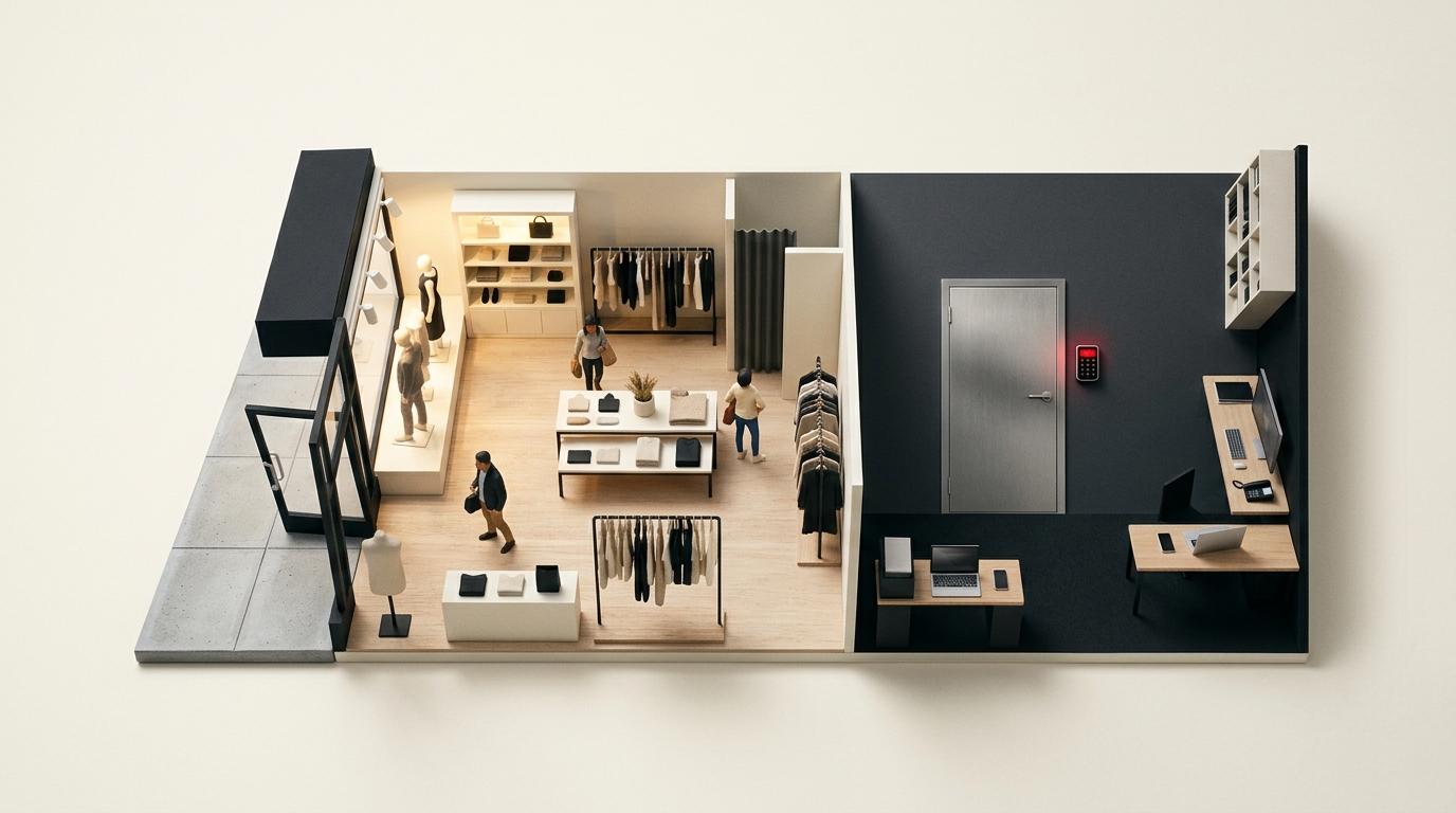 Retail store diorama with shoppers and clothing, next to a dark office with a red-lit door.
