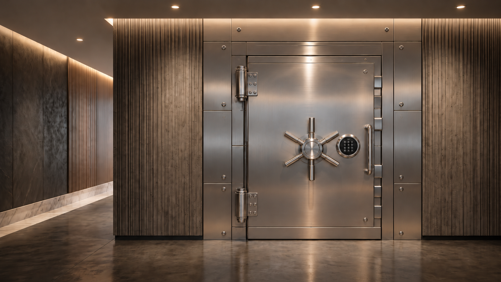 A polished steel bank vault door set into a modern room