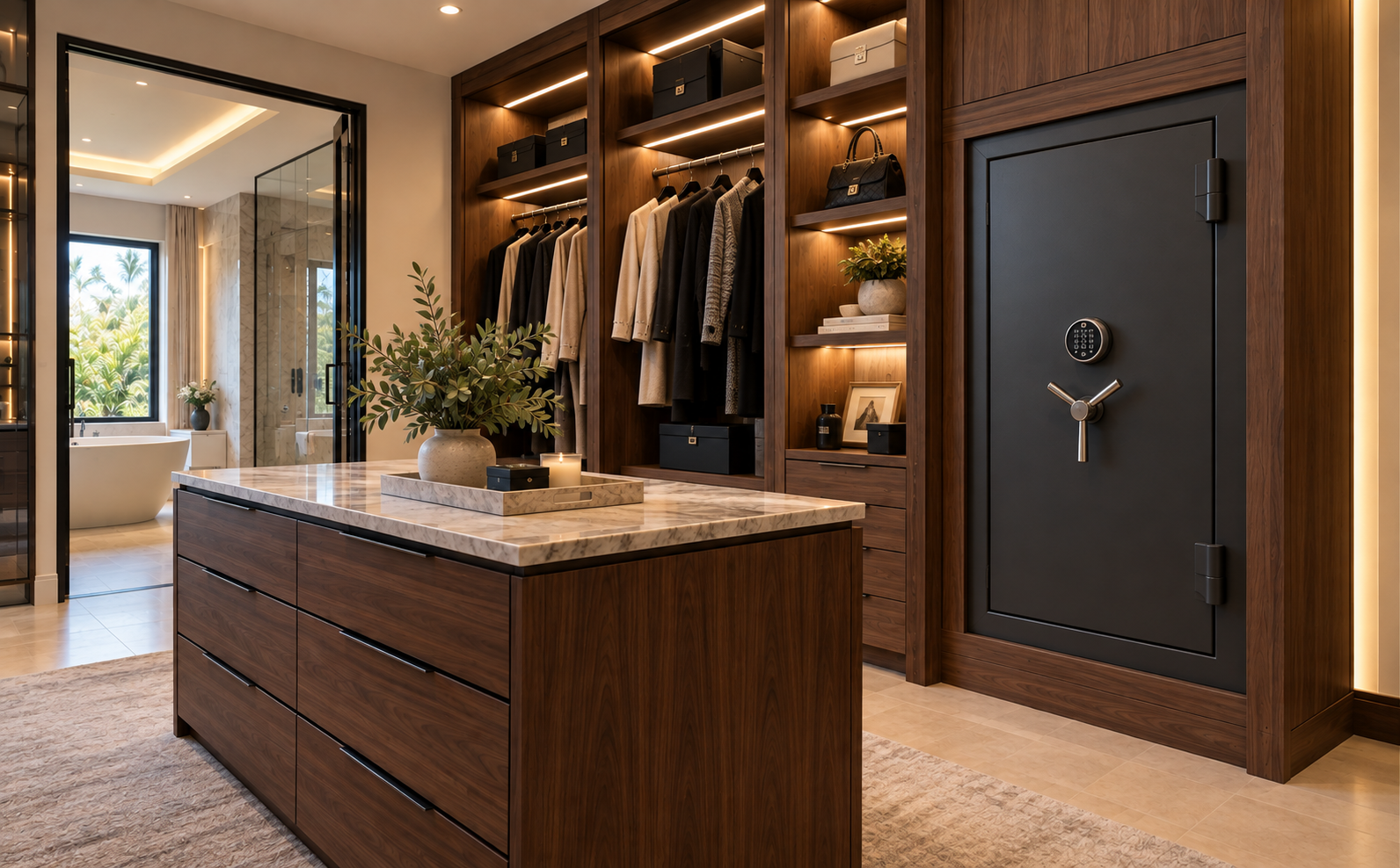 A burglary-rated safe installed flush inside custom millwork in a bright, upscale home interior