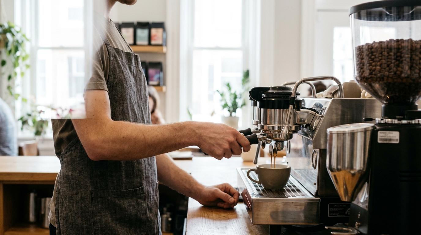 Barista in a gray apron pulling an espresso shot into a ceramic mug.