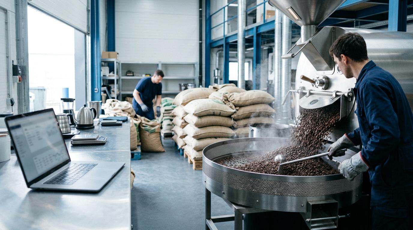Man rakes roasted coffee beans in a cooling tray, while another worker stacks burlap sacks.