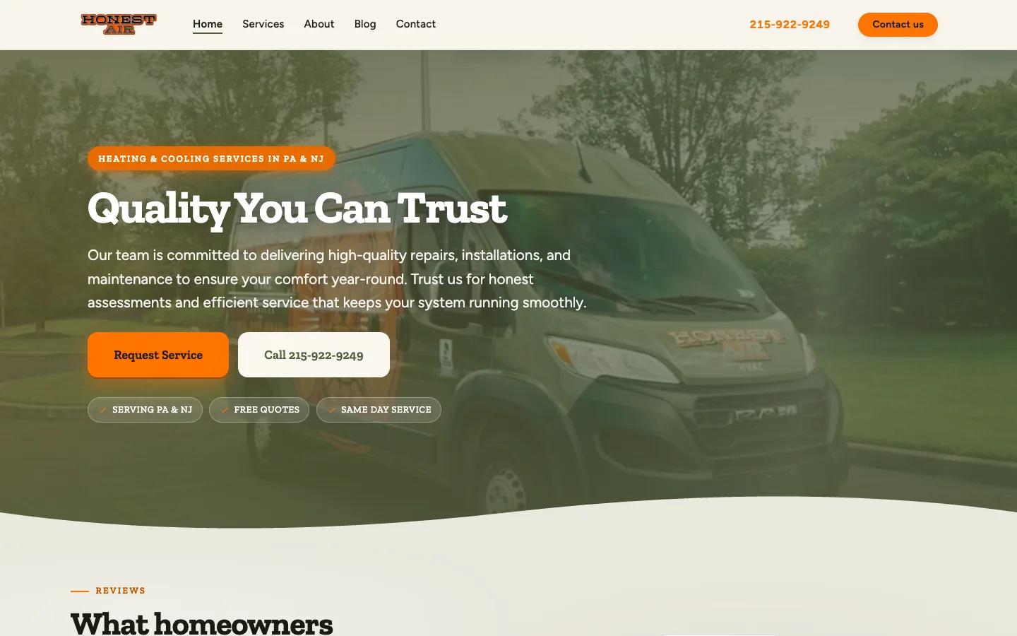 The Honest Air HVAC website, launched on WorkspaceCMS.ai