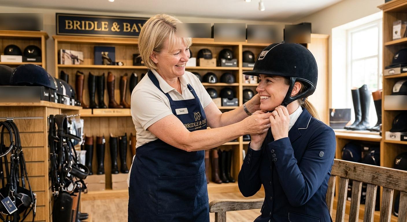 Bridle & Bay fitter adjusting a rider's helmet in the tack shop