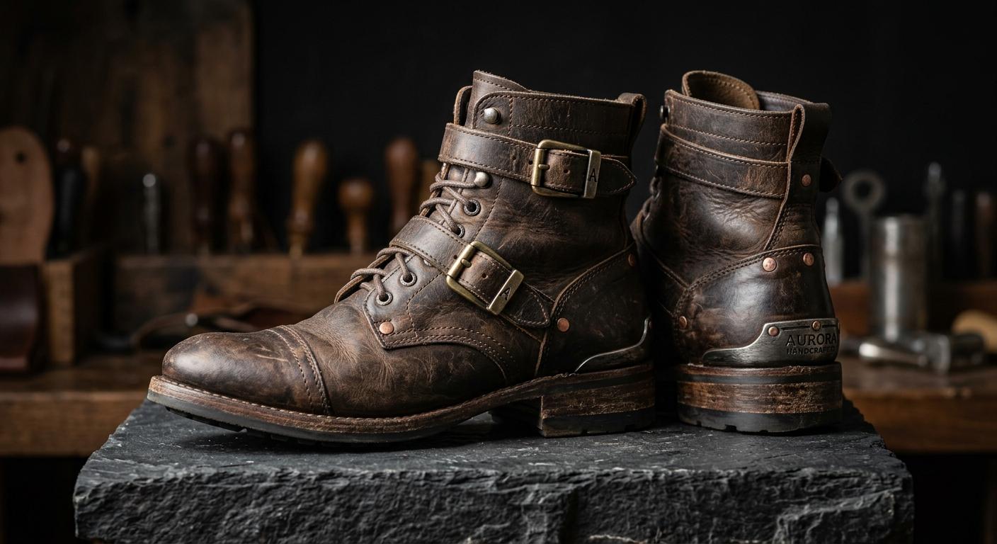 Distressed brown leather buckle boots