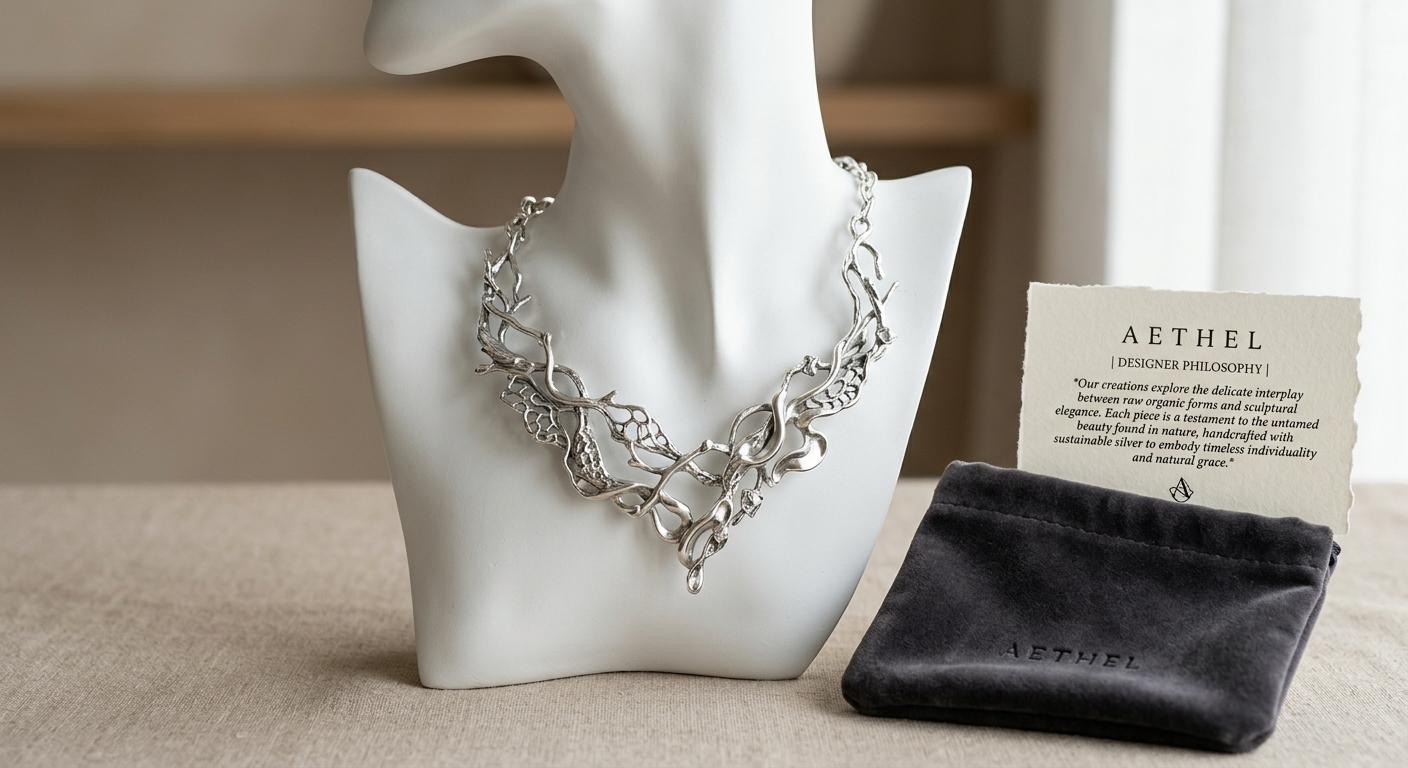 Molten silver statement necklace on a bust