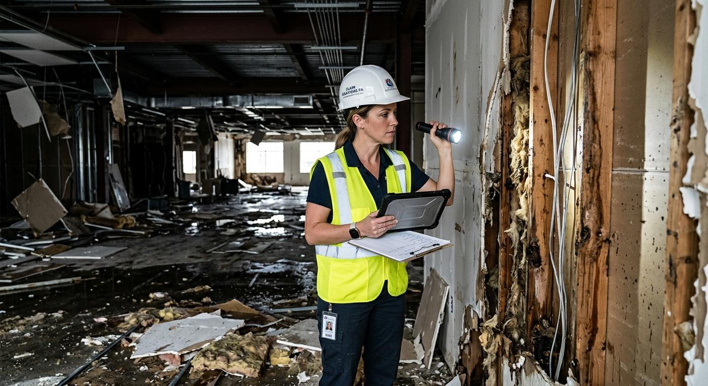Insurance adjusters inspecting commercial property damage