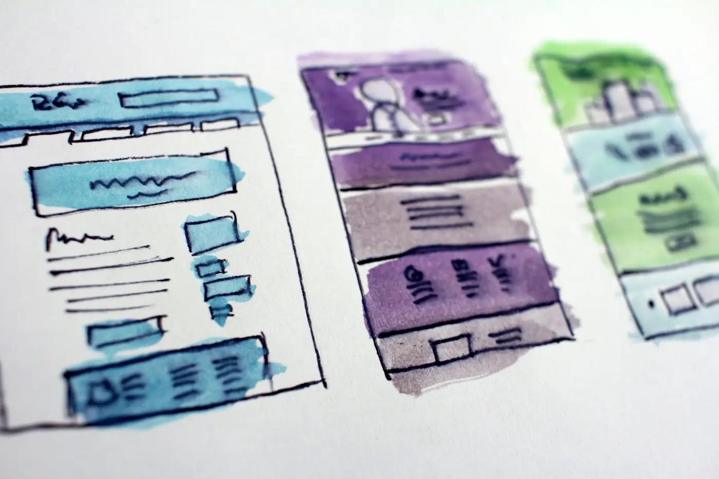 Hand-drawn website wireframes for a storefront redesign