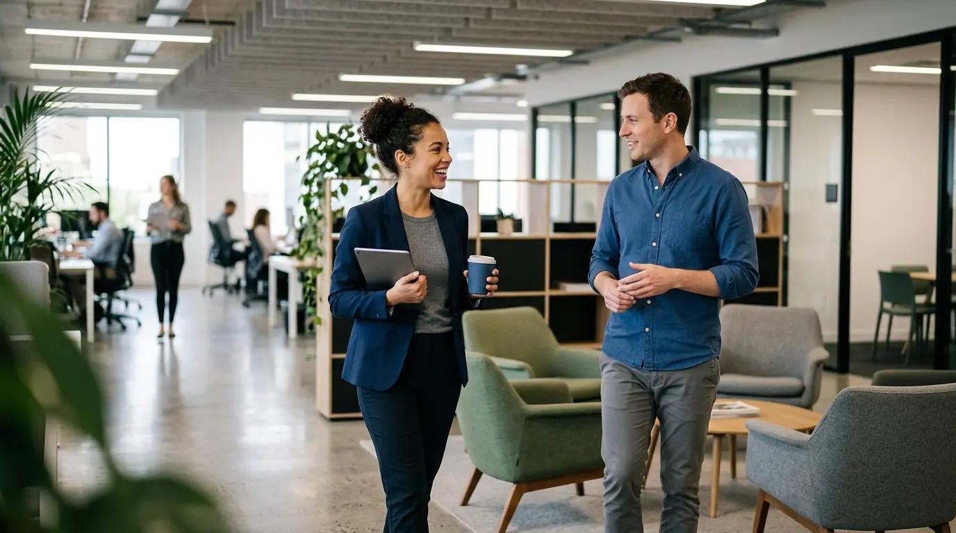 Two colleagues talking through a plan in an open office
