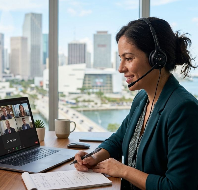 Lingua Bridge interpreter on a remote video call with the Miami skyline behind her