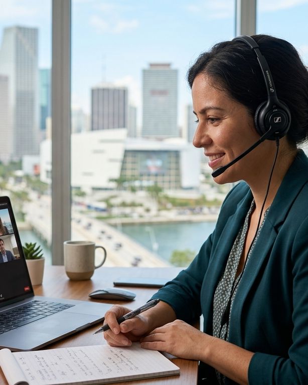 Lingua Bridge interpreter on a remote video call with the Miami skyline behind her